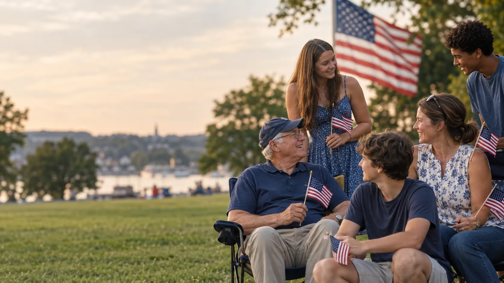 Americans of every generation gathered outdoors with American flags
