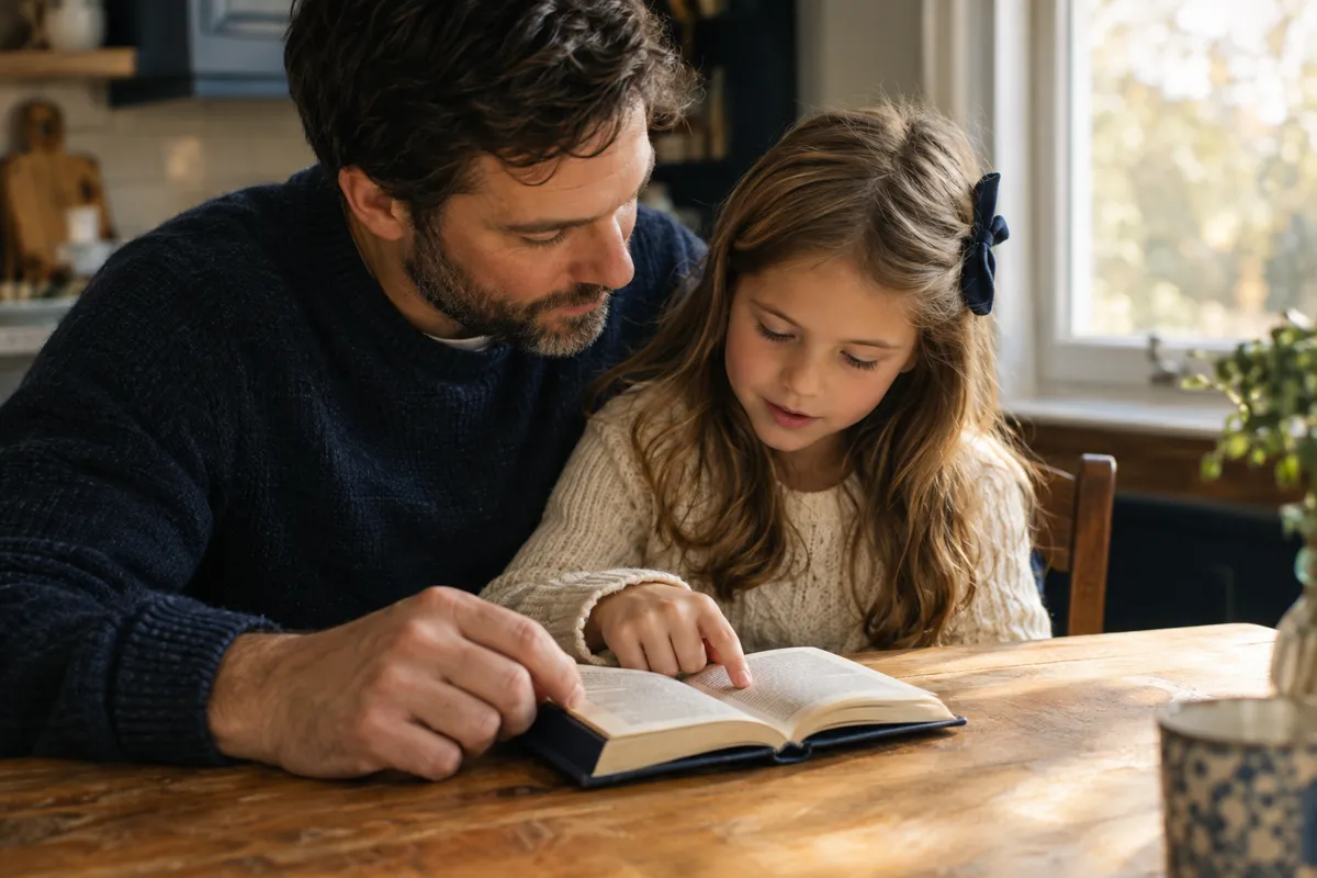 A father and daughter reading a pocket copy of the Constitution at the kitchen table