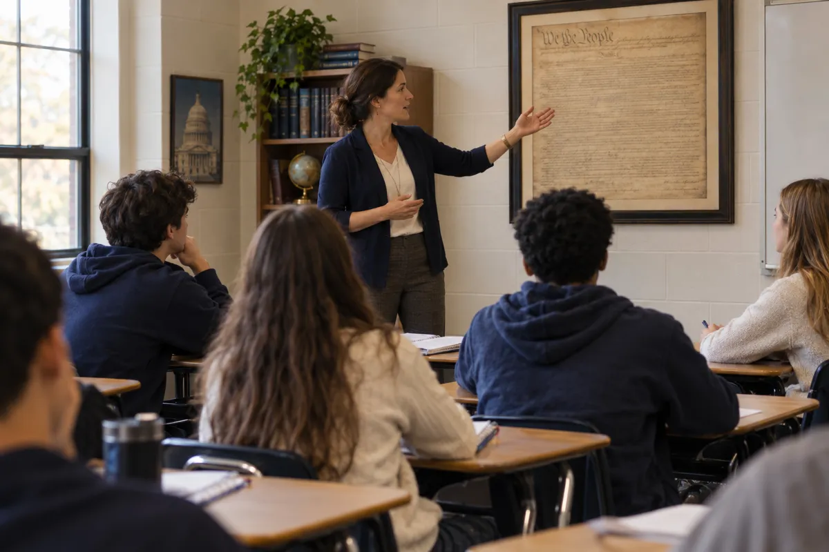 A civics teacher pointing to a framed copy of the Constitution in a classroom