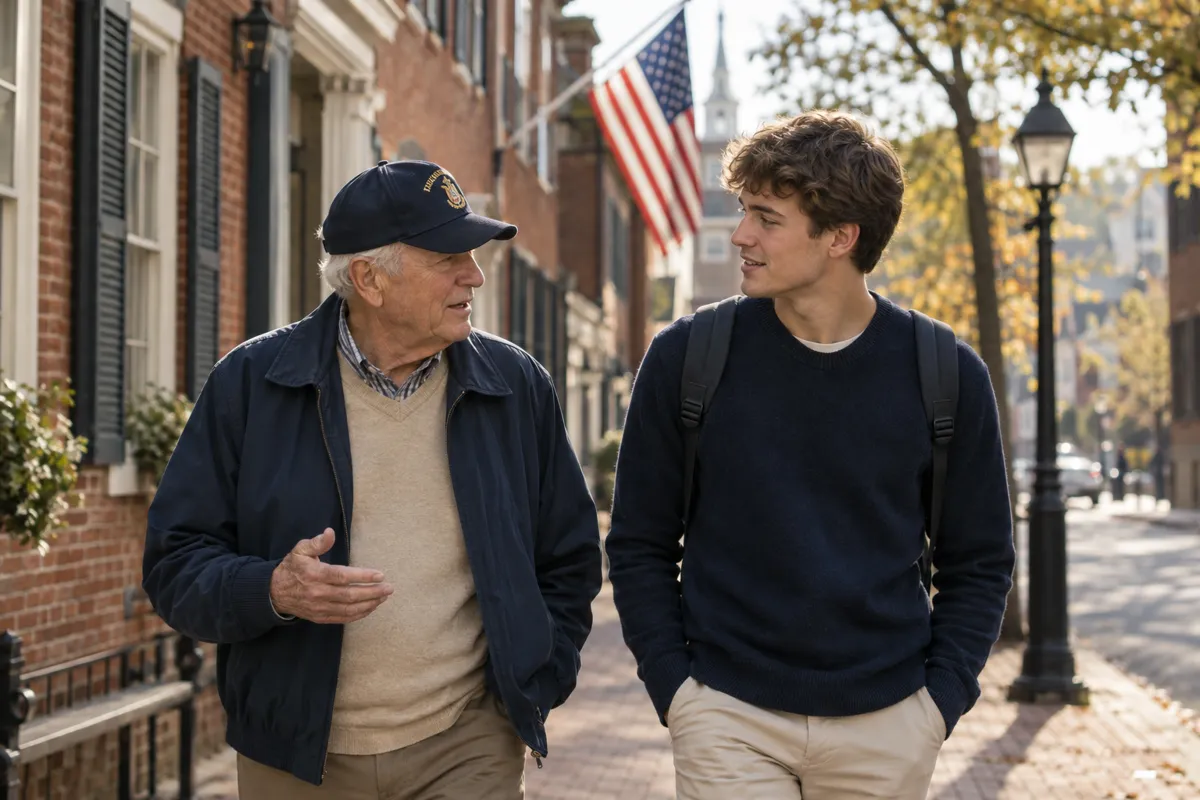 A veteran and his grandson walking down a small-town main street
